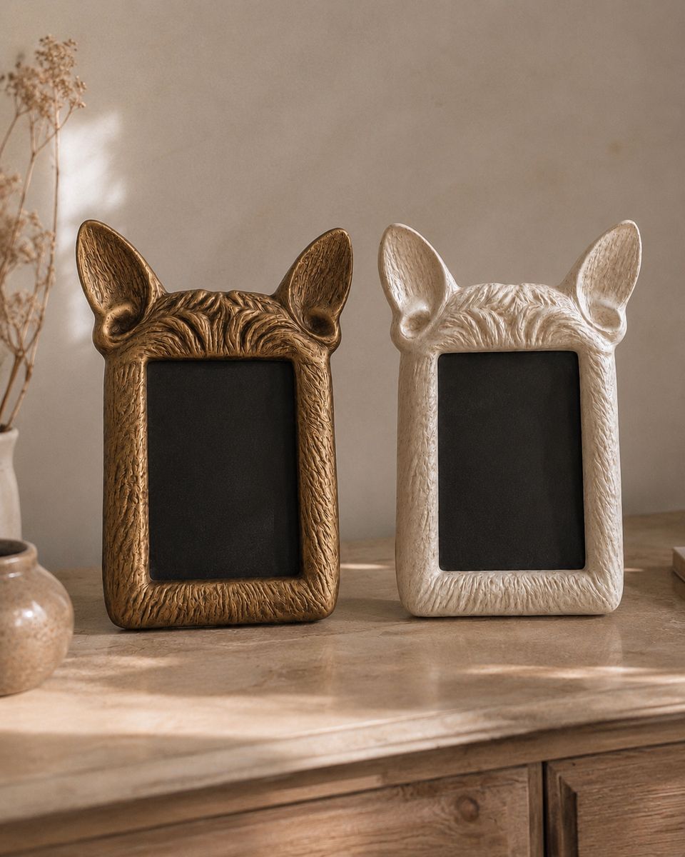 Two Frenchie Frames with sculpted bat ears, one in Antique Gold and one in Antique Cream, on a stone sideboard