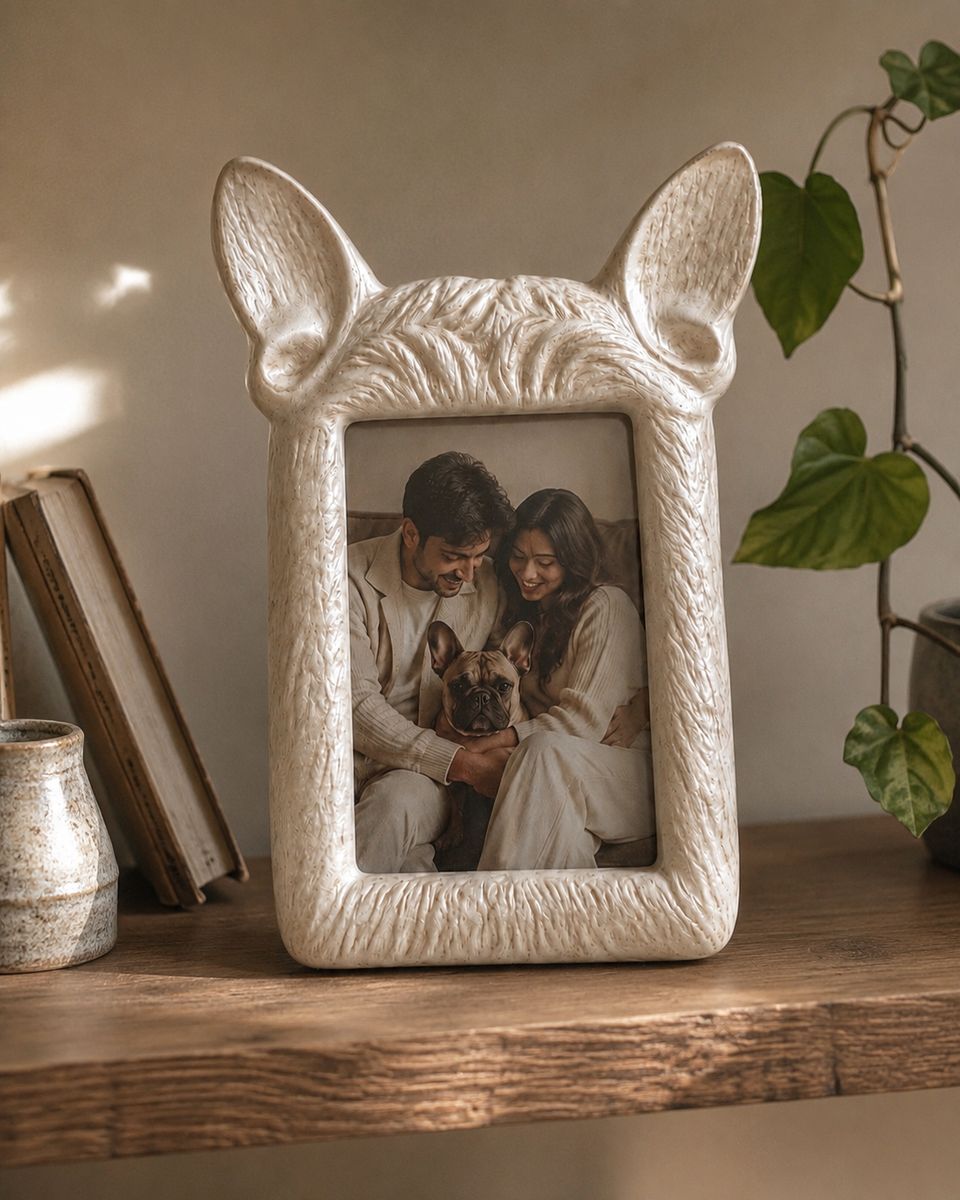 Antique Cream Frenchie Frame on a wooden shelf with a photo of a couple and their Frenchie