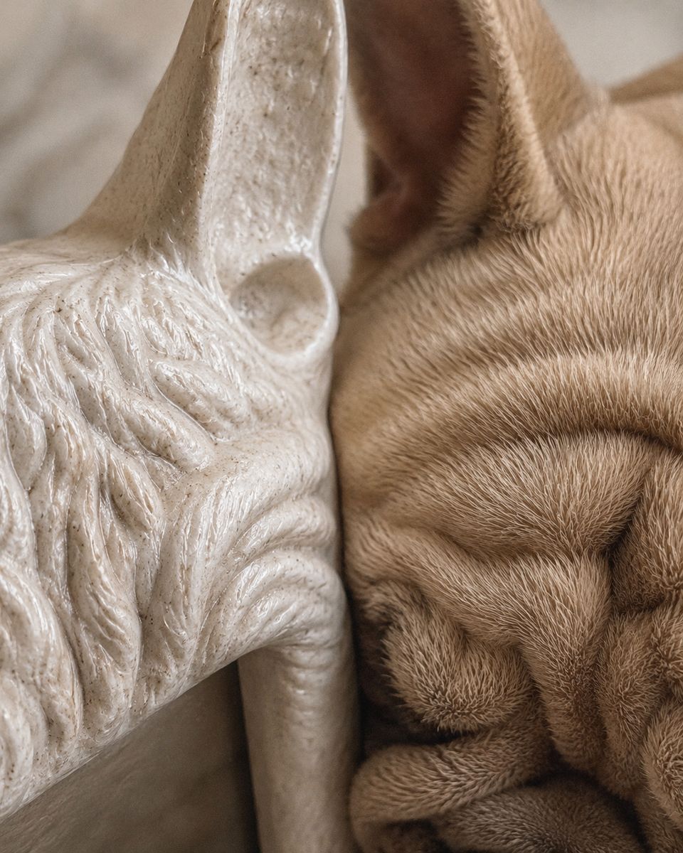 Antique Cream Frenchie Frame ear and skin folds beside a real French Bulldog's head