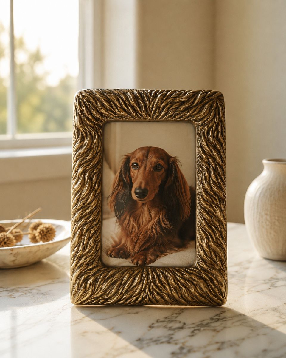 Antique Gold Hair Frame holding a photo of a long-haired dachshund